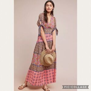 Anthropologie Maeve Eder Tiered Maxi Dress in Coral